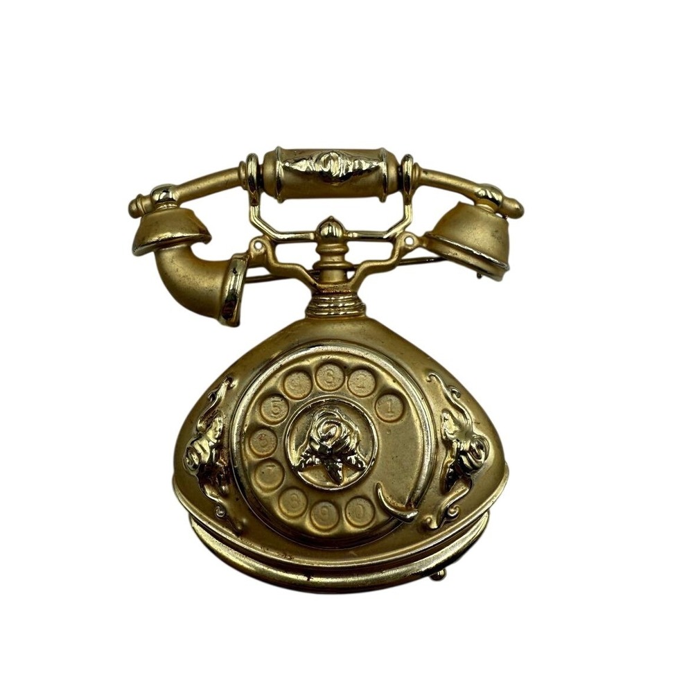 Vintage Gold Tone Rotary Telephone Brooch Novelty Retro Phone Pin Untested